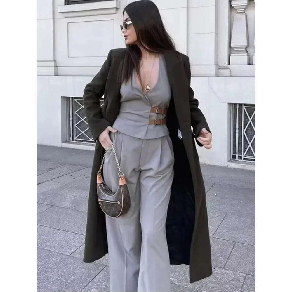 ZABA Women's Fashion With Belt Hanging Neck Halter V-Neck Top + Casual High-Waisted Pleated Suit Pants Two-Piece Set