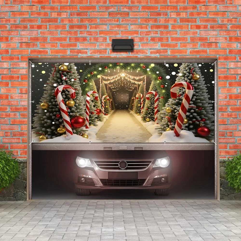 Snow Winter Christmas Garage Door Cover Banner Candy Cane Xmas Tree Backdrop Xmas Home Yard Wall Indoor Outdoor Party Decor M251125