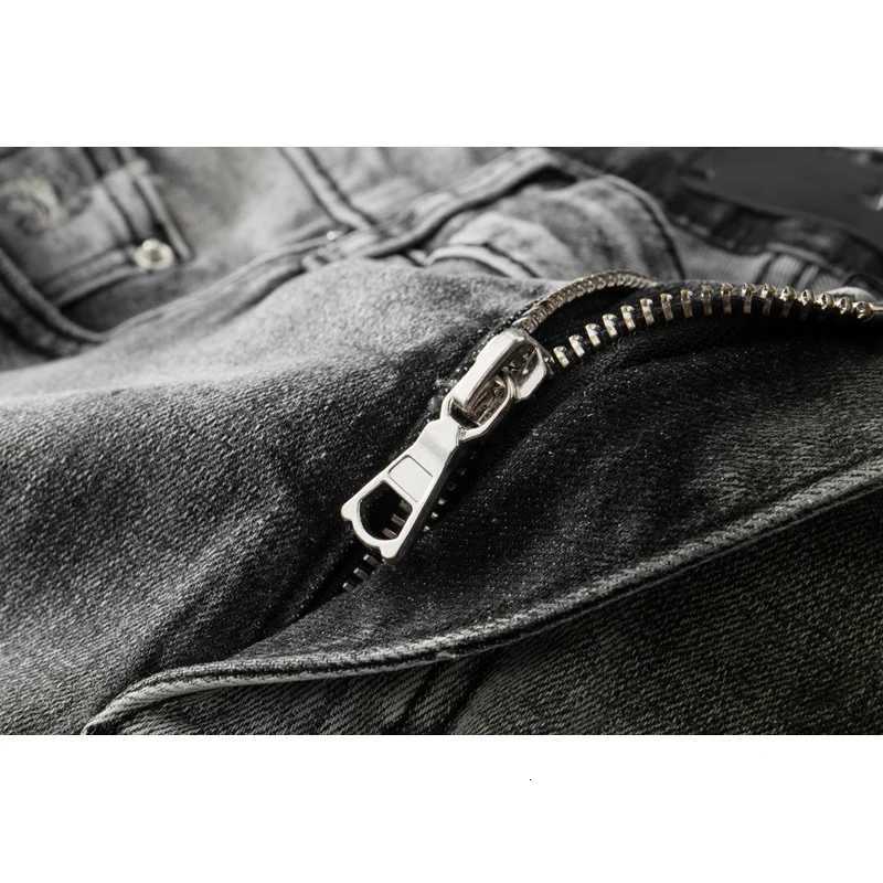 Fashion Mens High Streetwear Distressed Gray Stretch Skinny Ribs Patchwork Ripped Jeans Comes With Orignal Tags Y251124