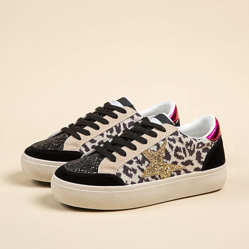 Free shipping women's leopard print sneakers gold star sequins pink heel black patchwork fashionable comfortable versatile daily wear sports casu