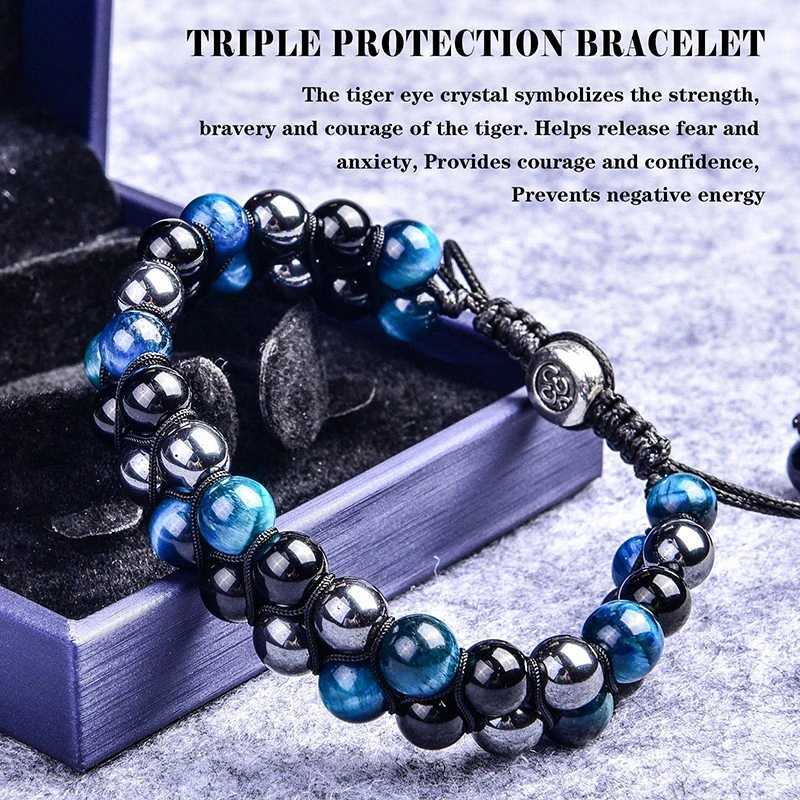 Triple Protection Bracelet 8mm Beads Bracelet Tigers Eye Black Obsidian Hematite Bracelet for Men Women Healing Crystal Bangle J251125