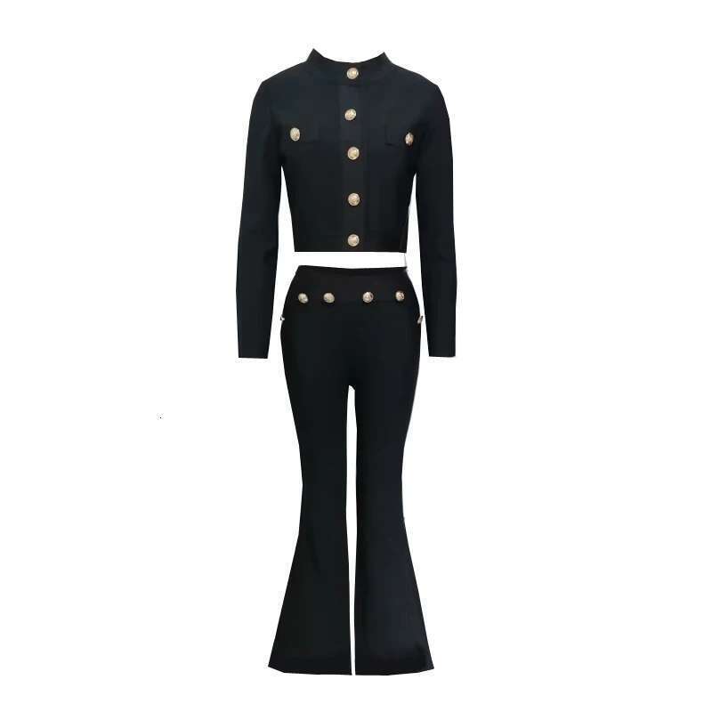 Women's Autumn Sleeve Gold Button Stretch Bandage Black Top Long Pants Casual Holiday Fashion Sets