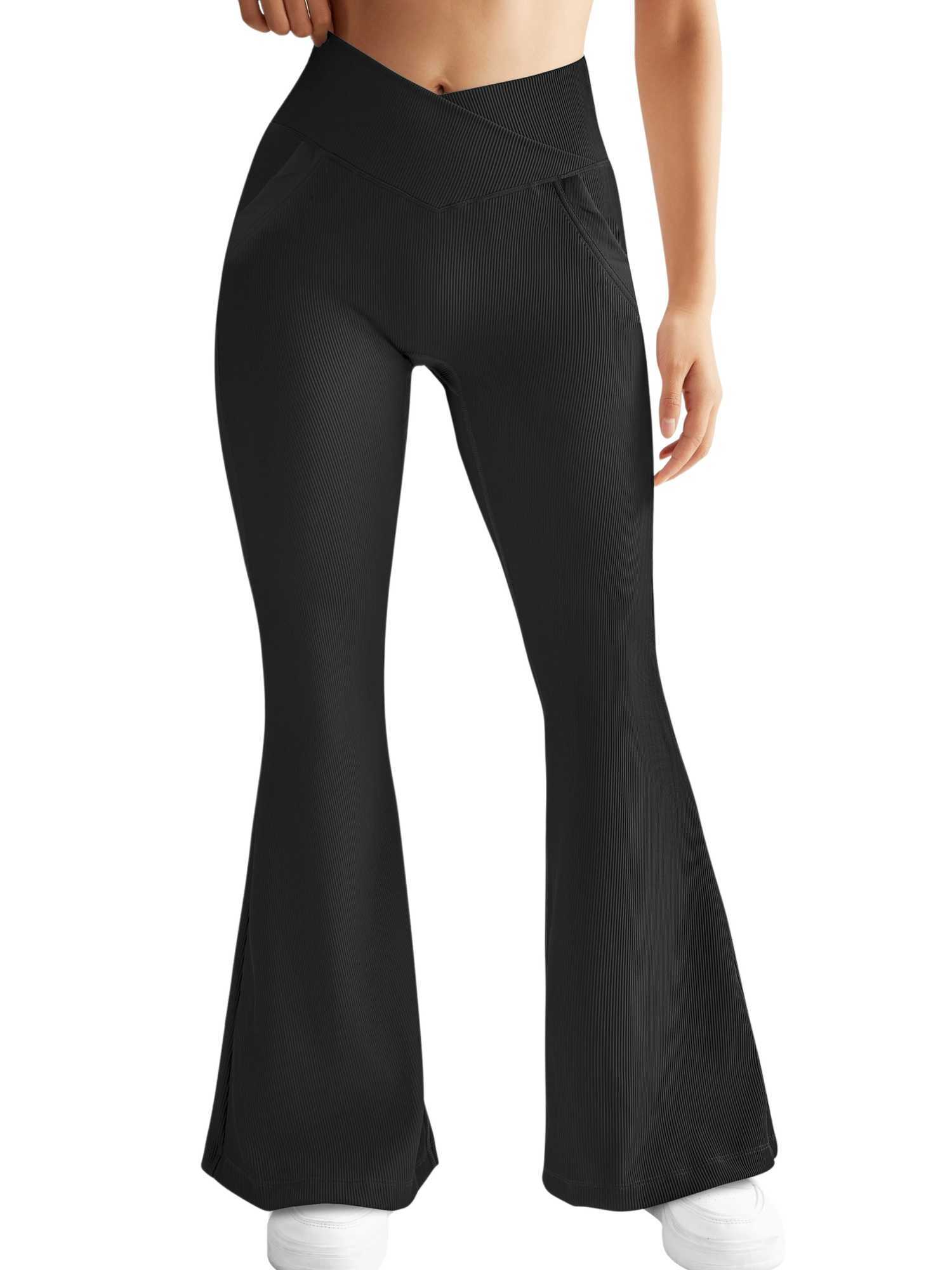 2 pockets high waist elastic ultra-thin womens flange legs solid elegant Versatile tight fitting womens street leisure yoga fitness exerciseC250425