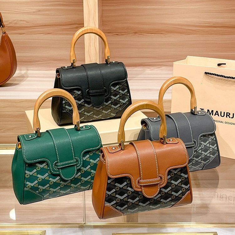Luxury Bag Saigon Bag for Women with Wooden Handle Genuine Leather Vintage Floral New Commuter Bag Handheld Shoulder Crossbody Small Bag for Women