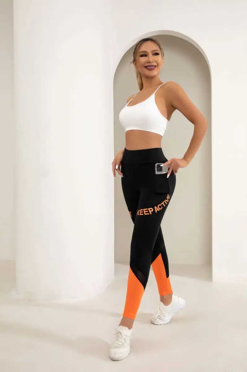 Fitness pants orange mesh patch running pants high waist and abdominal tightening legs elastic sports pants yoga pants CAC250425