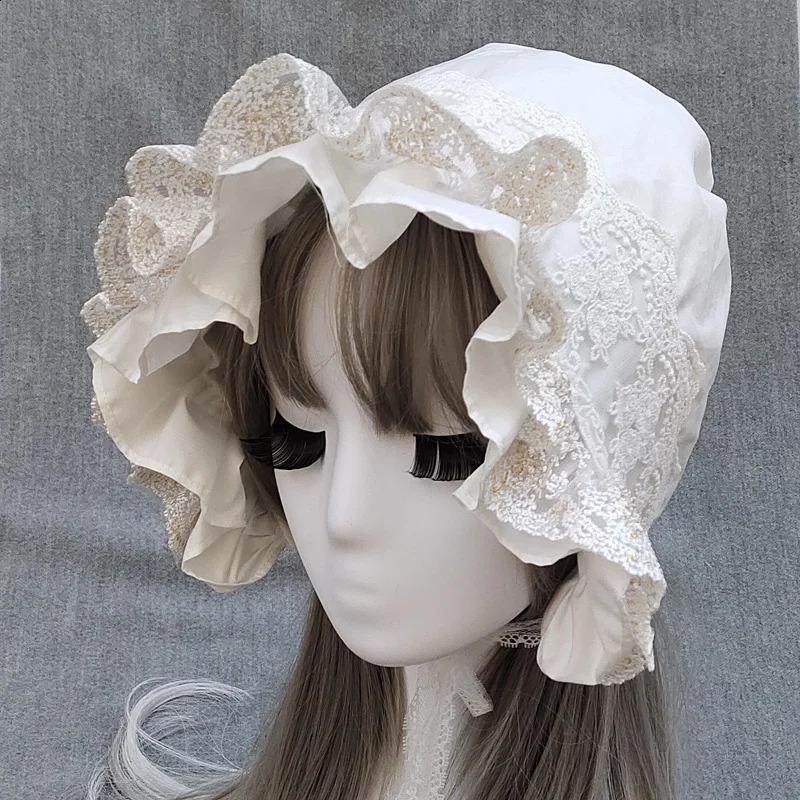 Medieval Vintage Maid Cosplay Pumpkin Cotton Cap Lace-up Adjustable Hat Women Girls Lolita Lace Bonnet Ruffled Hat 250420