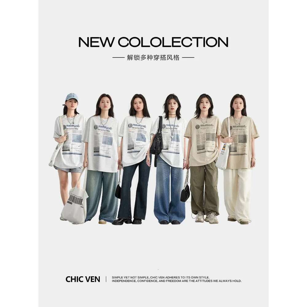 CHIC VEN Women T-Shirts New Retro Round Neck Newspaper Print Short Sleeve Tees Loose Female Top Summer 2024