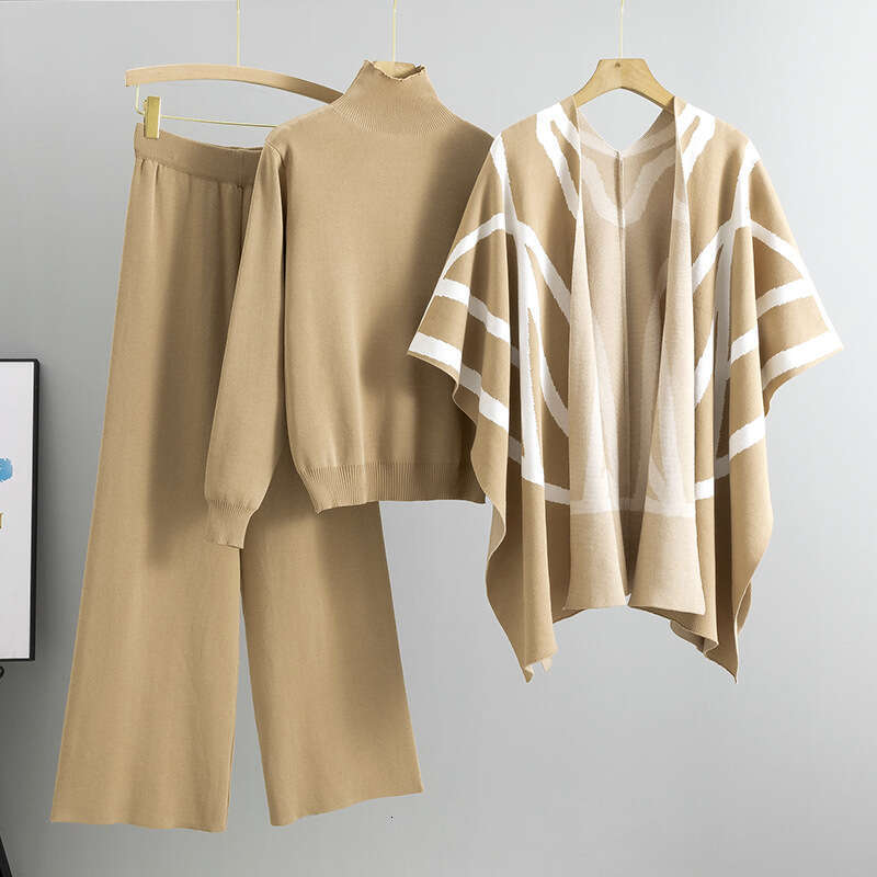 Casual Suit Womens Autumn and Winter New Temperament Socialite Lazy Style Knitted Sweater Shawl Cape Wide Leg Pants Three Piece Set Solid Popular New 