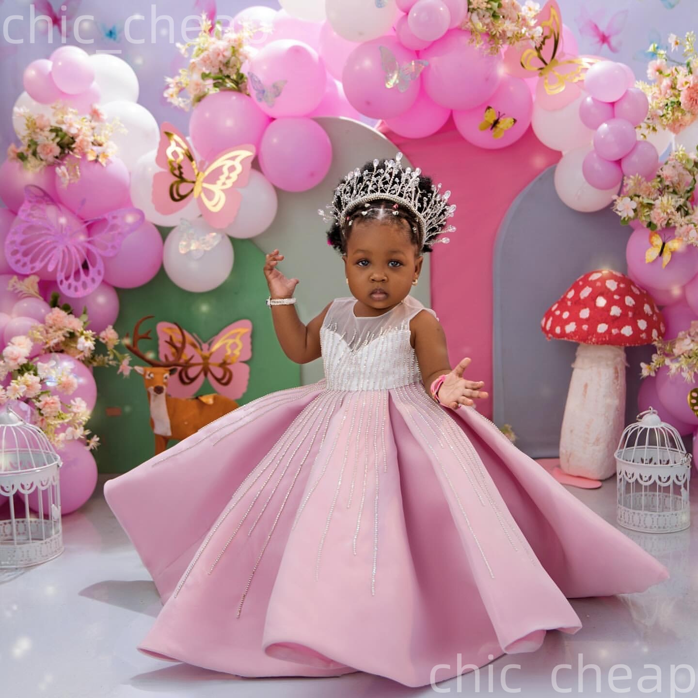 2026 Pink Ball Gown Flower Girl Dresses Beaded Sheer Neck Satin Little Girl Christmas Peageant Birthday Christening Tutu Dress Gowns ZJ424