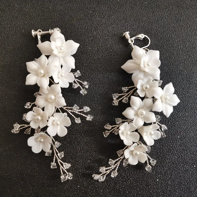 SLBRIDAL Handmade Rhinestone Crystal Pearl Ceramic Flower Bridal Pendant Earrings Wedding Pendant Earrings Fashion Womens Jewelry 250422