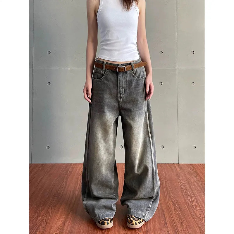 2025 grey womens jeans high waisted retro straight pocket denim pants streetwear Y2K n fashionable wide leg Trouser 250417