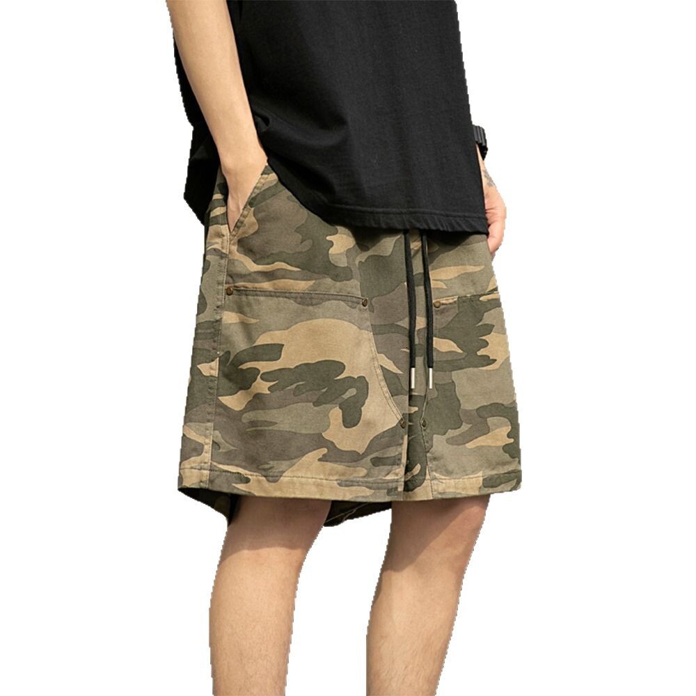 American style high street multi pocket workwear camouflage casual shorts men's trendy brand loose drawstring capris summer