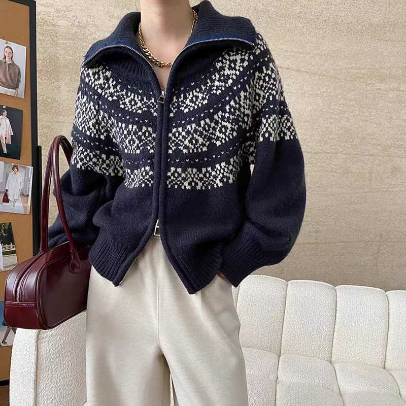 New Fashion Retro Womens Cardigan Knitted Sweater Long Sleeve Lapel Casual Womens Zipper Top JacketT251125