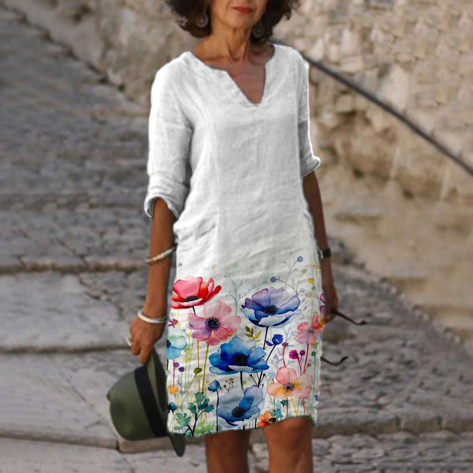 Dongdumaoyi Floral Printed Linen Dress Quarter Vintage Casual V Neck Loose Waist Midi Beach Women Clothing Robe Polyester Vestidos