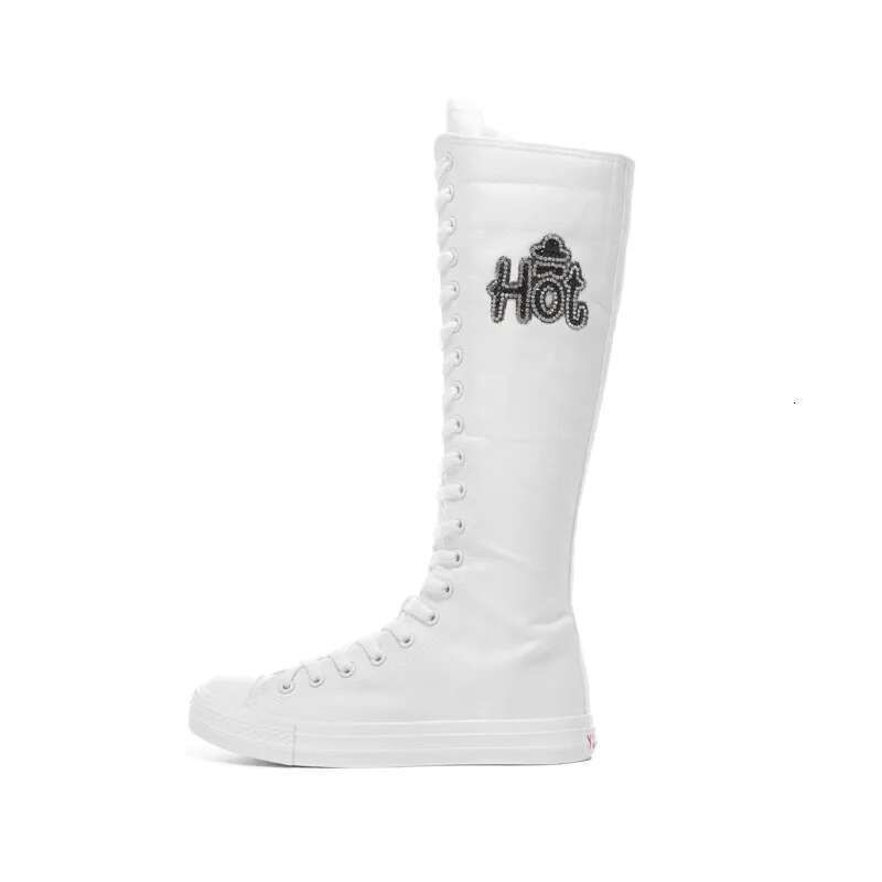 Spring long lace-up side zipper embroidered chain knee-length boots casual flat inner heightening large-size canvas women's shoe