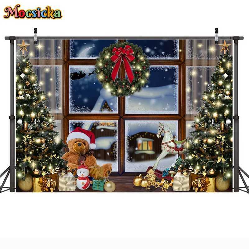 Christmas Backdrop Xmas Tree Santa Claus Window View Photo Background for Christmas and Happy New Year Eve Celebration BannerM251125