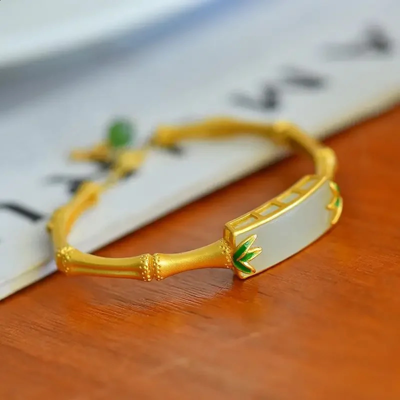 Classic Natural an Jade Leaf Bamboo bracelet for women Square Enamel quietly elegant Style bangles Banquet Jewelry 250424