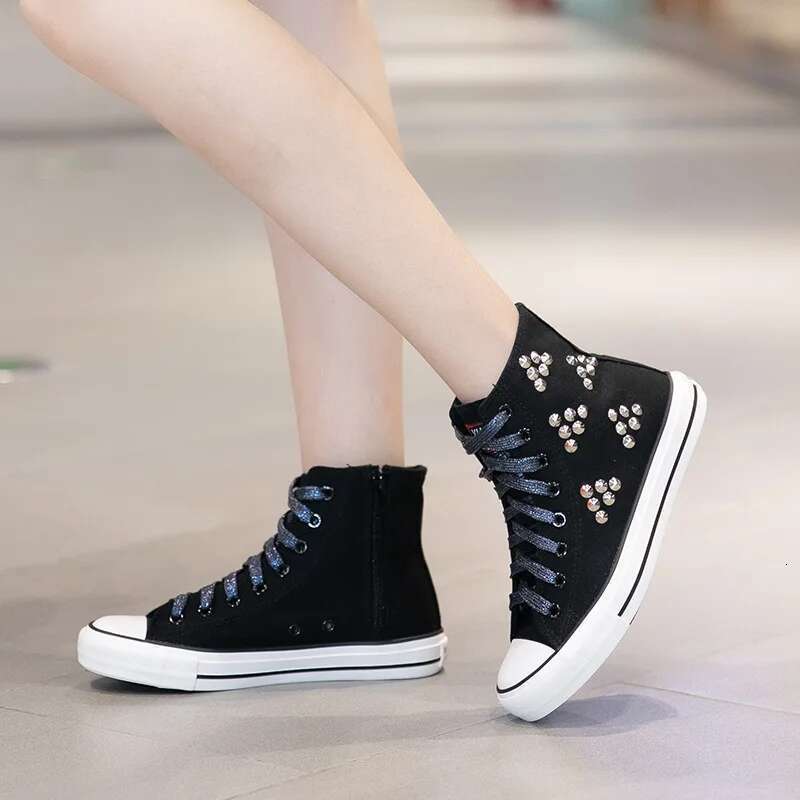 Spring and summer lace-up side zipper rivet breathable hole short canvas flat inner heightening large size women's shoes