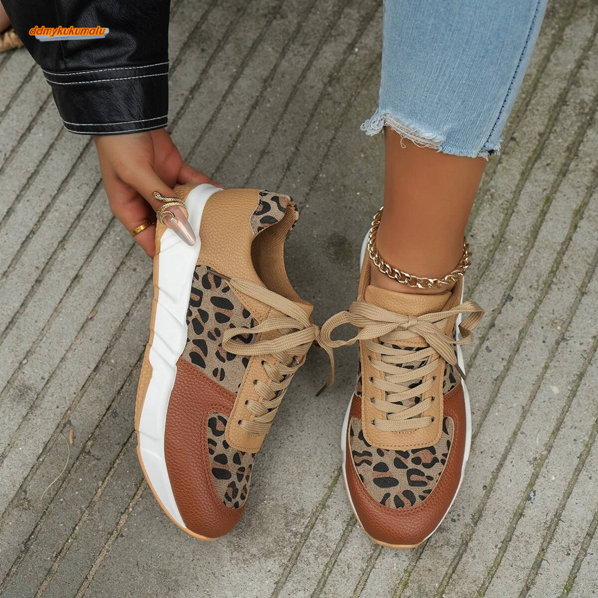 Platform Sneakers Women 2024 Round Toe Low-top Leopard Wedge Women's Lace Up Socofy Casual Sports Shoes Size 36-43 ddmykukumalu