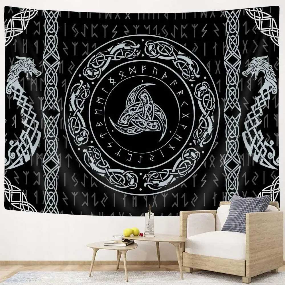Viking Art Tapestry Raven Ancient Rune Dragon Totem Norse Mythology Tapestries Black White Mystical Geometric Norse MythologyM251125