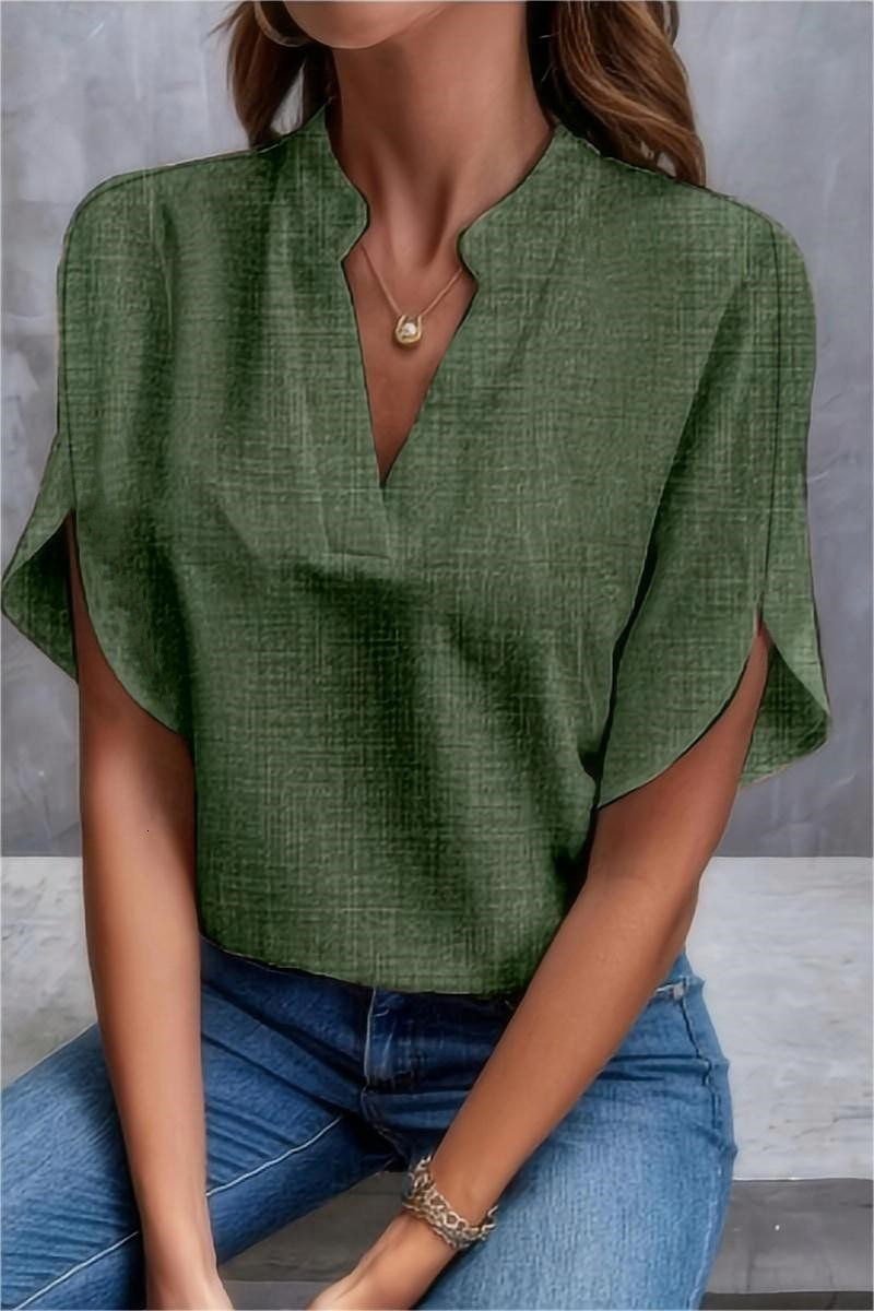 Womens 2024 summer solid color V-neck off shoulder loose linen shirt top for women
