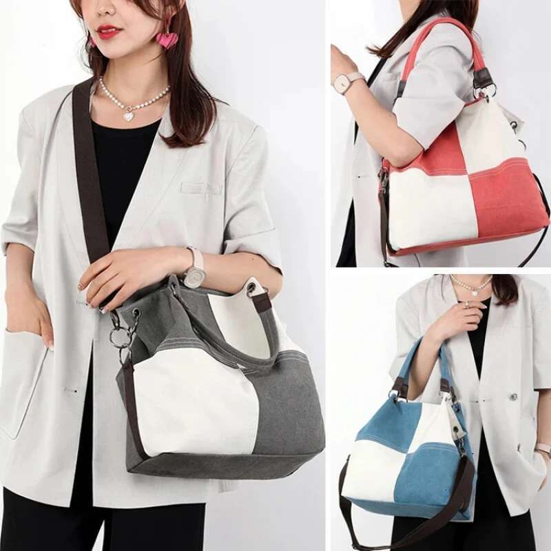 Casual Ladies Canvas Fashion Hundred Hobo Handbag Crossbody 2024 Trend New Splicing Color Collision Shoulder Women's Bag