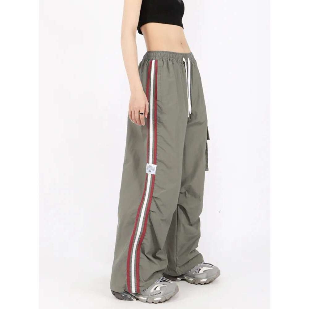 Y2k Kpop Cargo Pant Women Drawstring Pockets Wide Leg Chic Punk Pants Baggy Striped Sports Sweatpants Parachute Jogger Trousers