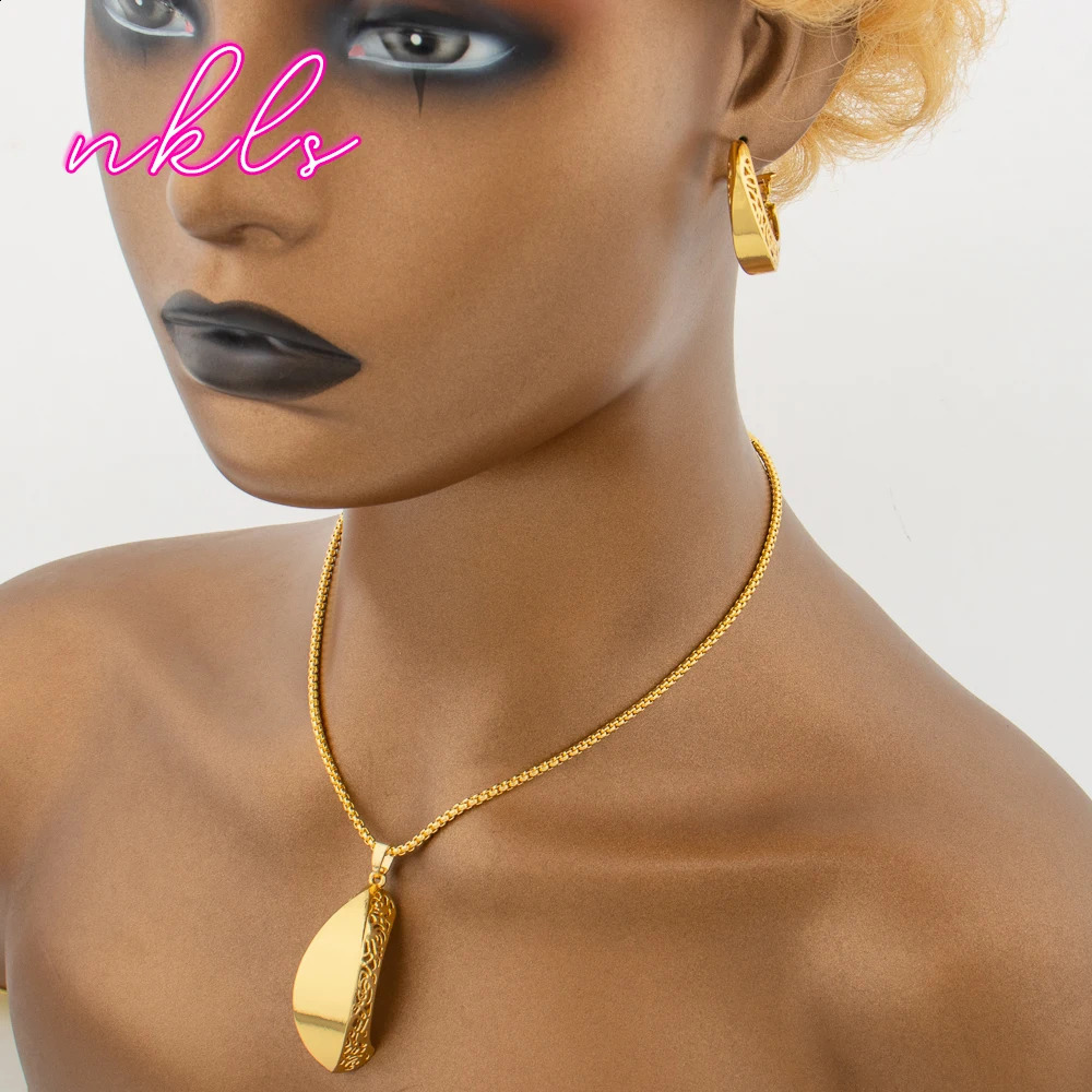 Fashion Necklace Hoop Earrings Ring Bracelet Pendant Dubai Women Golden Color Jewelry Sets African Jewelry Set for Party Gift 250417