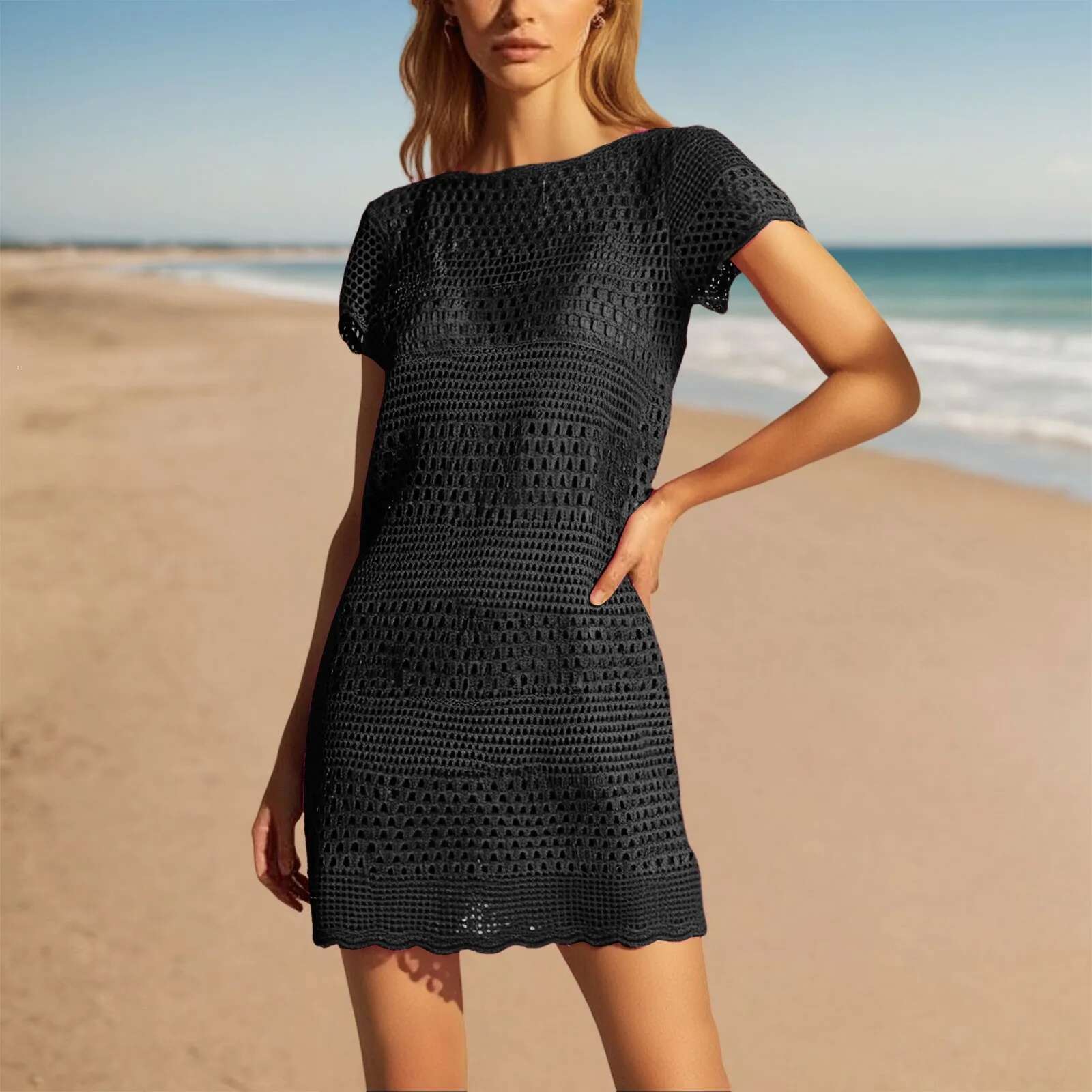 Dongdumaoyi Women Short Sleeved Knit Casual Beach Cover Ups Slim Tops O Neck Sexy Hollow Out Solid Color Knitting Crochet Up