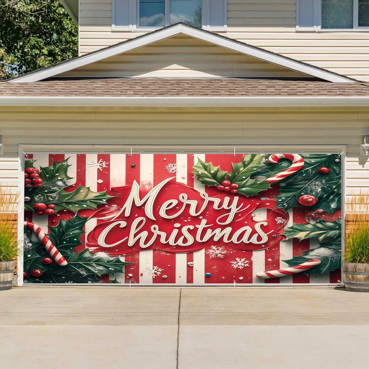 Merry Christmas Outdoor Backdrop Sweet Candy Green Leaf Design Home Courtyard Large Banner Garage Door Background DecorationM251125