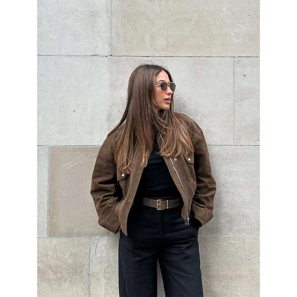 Designer Clothes Brown Suede Jacket Women Vintage Zipper Long Sleeve Pockets Stand Collar Bomber Coat Lady 2025 Spring New Fashion Streetwear Top
