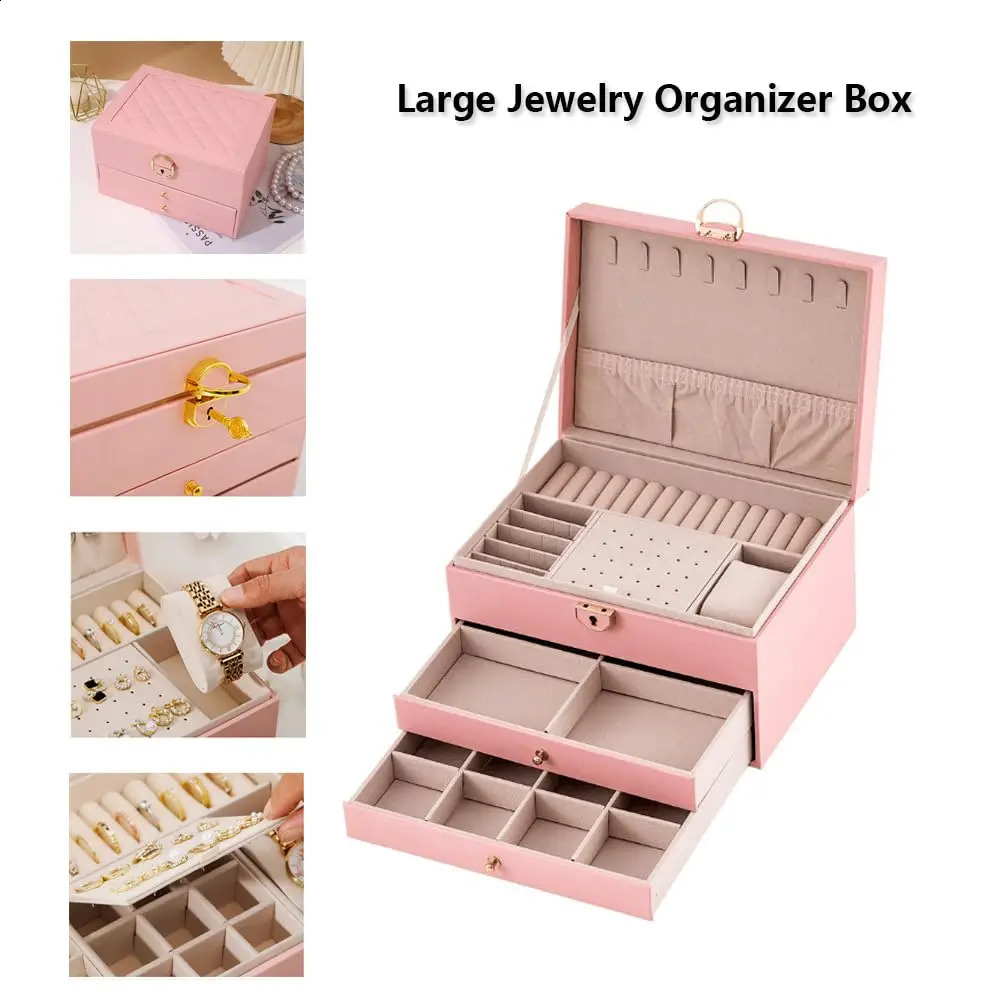 Large Jewelry Storage Box Multi-Layer Organizer For Jewelry Necklace Earring Leather Jewellery Storage Packaging Display Boxes 250424