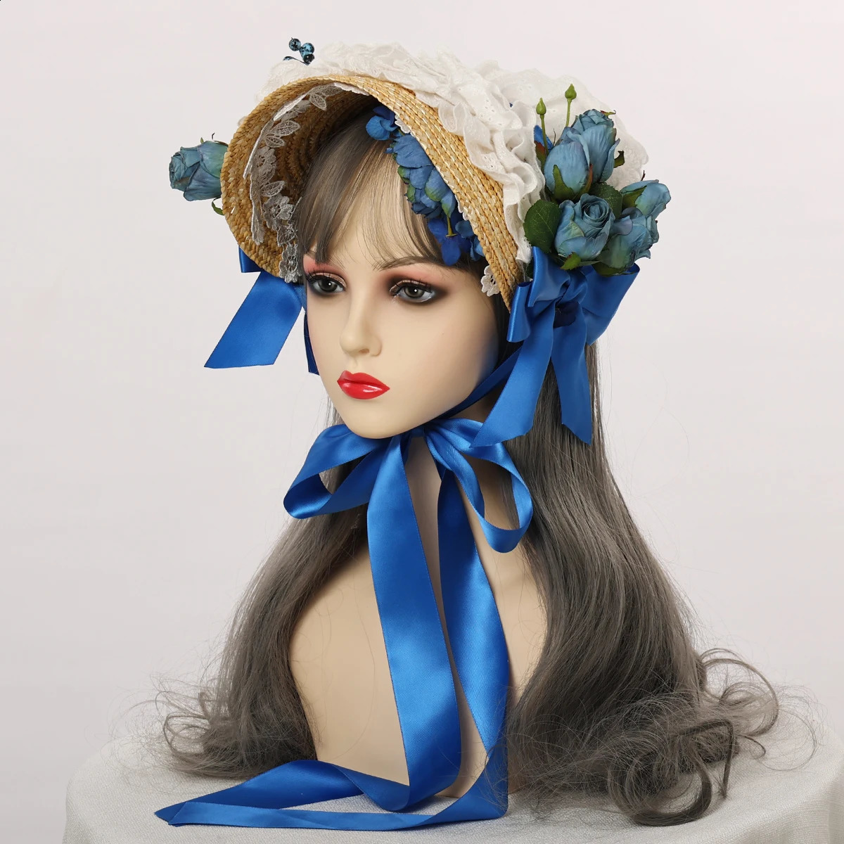 Victorian Bonnet Straw Hat for Women Cosplay Headpiece Flowers Lace Ribbon Flat Cap 250420