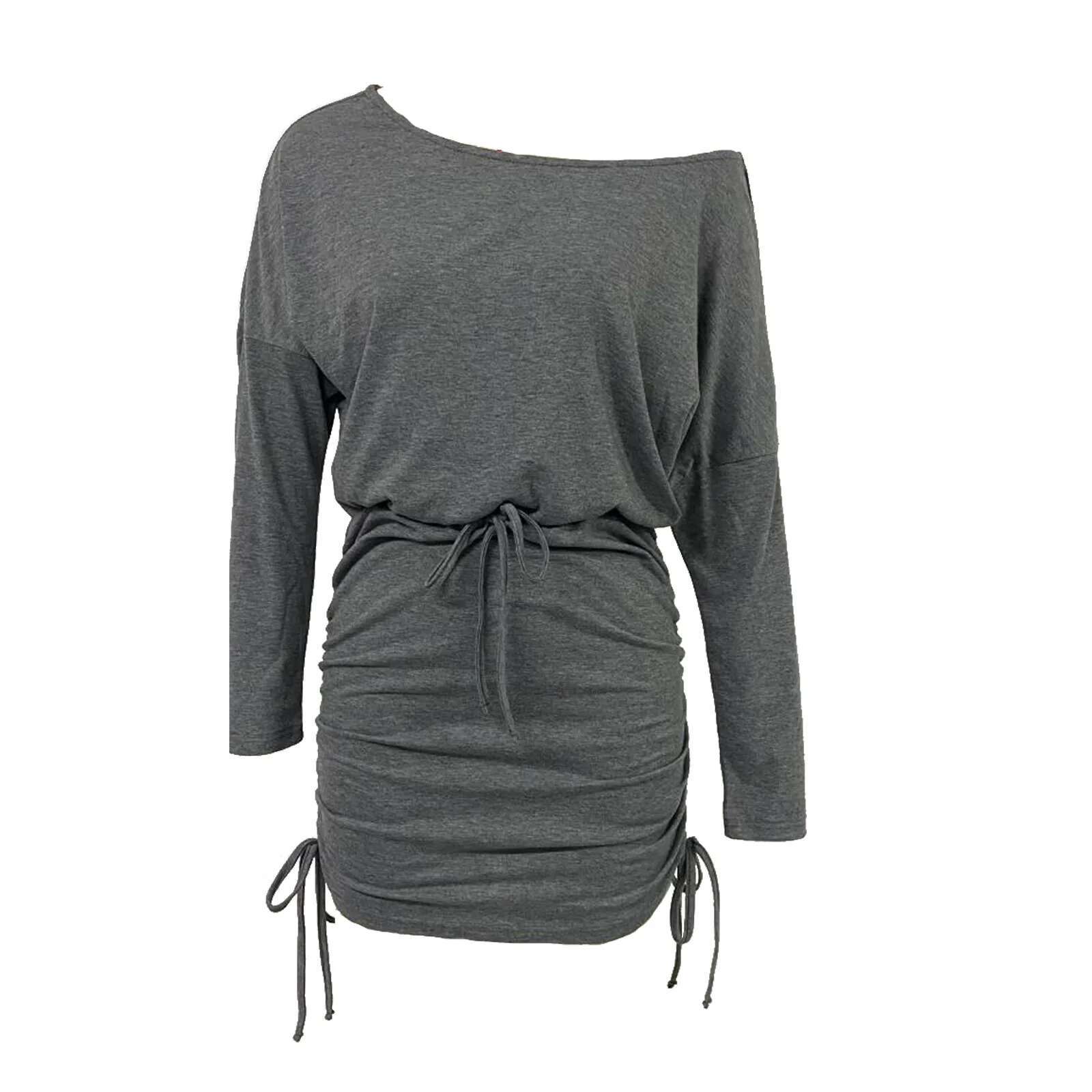 Dongdumaoyi Asymmetrical Neck Side Drawstring Summer Dress Women S Fashion Street Style Batwing Long Sleeve Bodycon Mini Dresses