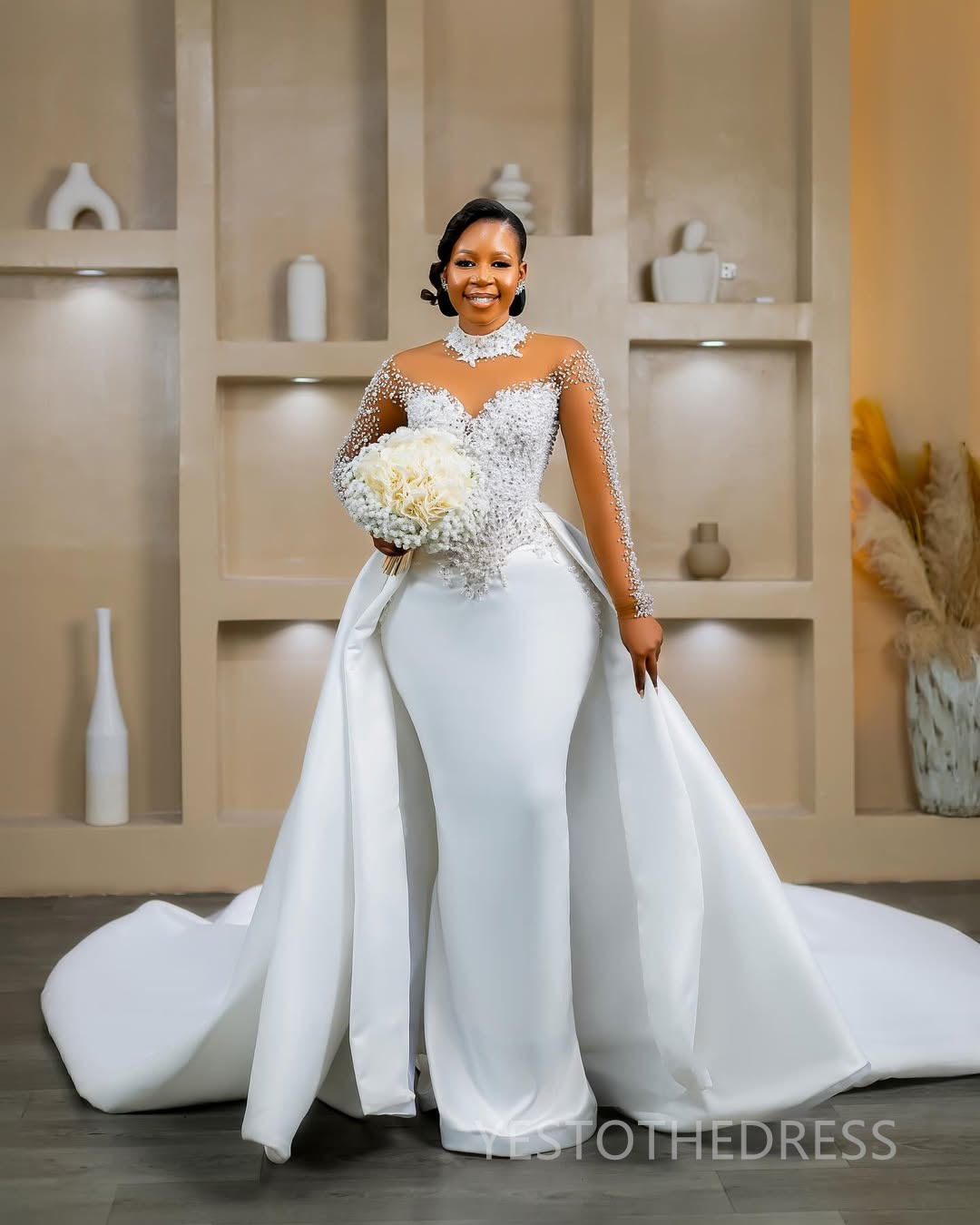 2024 Plus Size African Mermaid Wedding Dress Bridal Gowns For Bride Illusion Detachable Train High Neck Beaded Lace Rhinestones Wedding Gowns For Blac