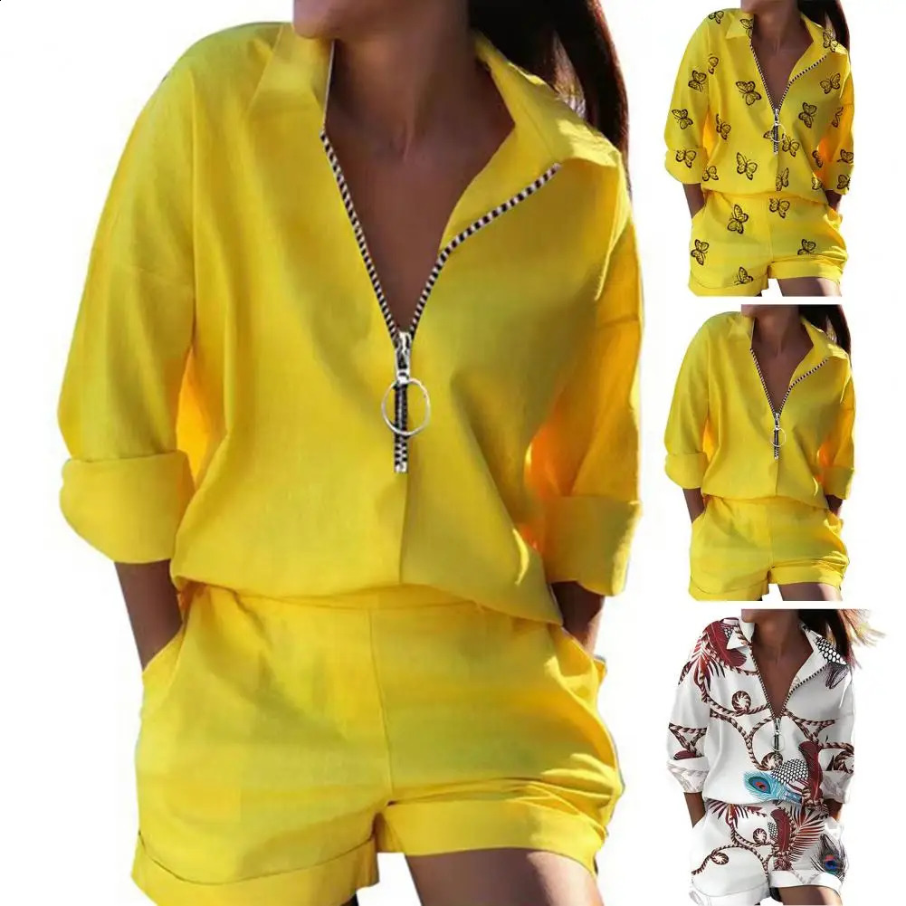 Womens two-piece set short sleeved set matching womens set zipper short sleeved set womens summer trendy clothing 250422