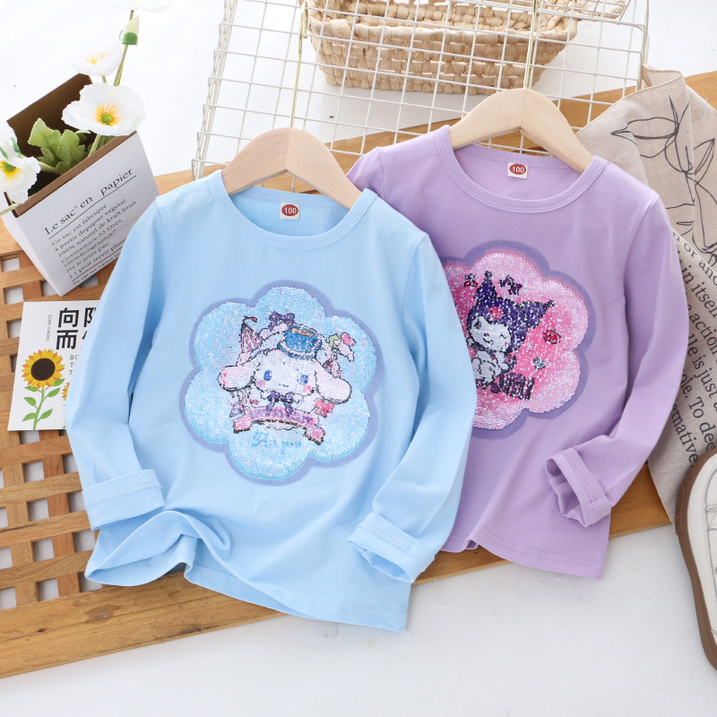 Disney girl designer t-shirt children's cotton top girl color changing sequin t-shirt spring and autumn top girl's top comfortable soft prin