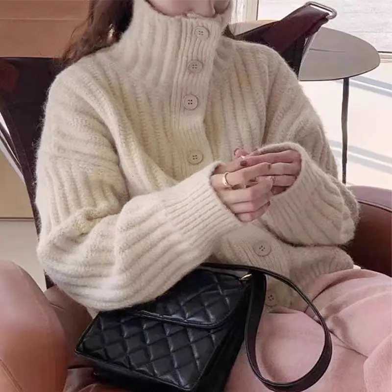 Winter Solid Casual Long Sleeve Office Knitwear Turtleneck Loose Cardigan Women Sweater Pit Strip Thick Knitted Simple JacketsT251125