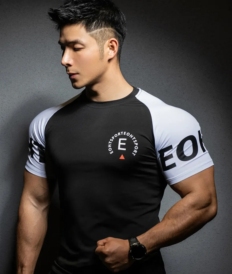 Mens gym T-shirt mens bodybuilding fitness quick drying short sleeved T-shirt running T-shirt fashionable T-shirt mens training clothes 250423