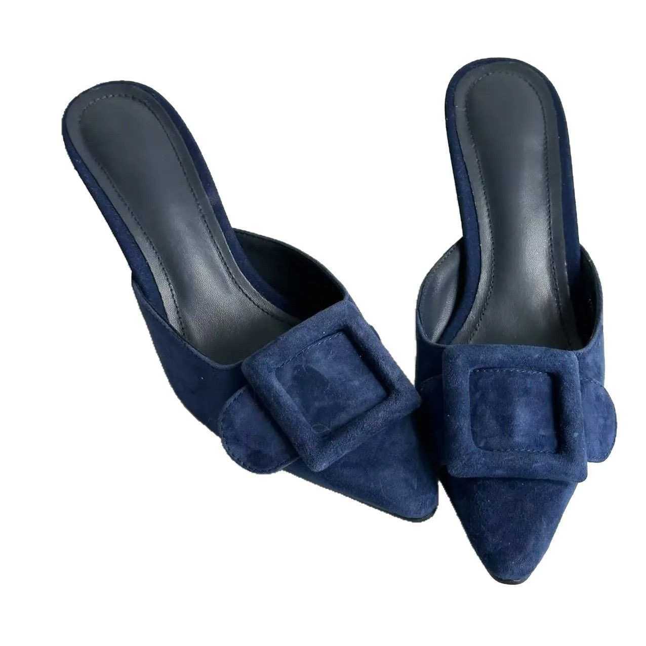 2024 New Mler Shoes Wens Shallow Mouth Pointed Toe Middle Heel Square Buckle Stiletto Baotou Wens Half Slippers Z250305