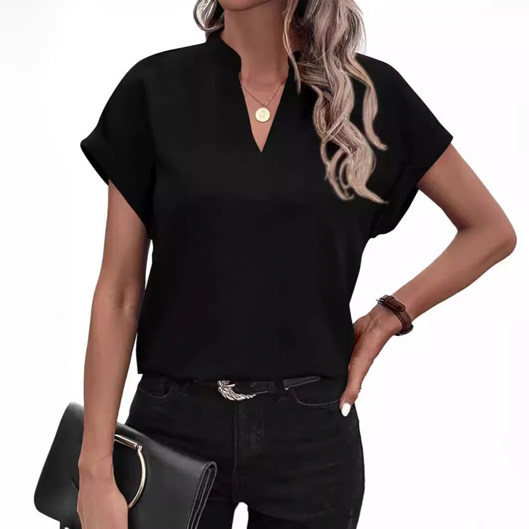 2024 summer simple and fashionable V-neck short sleeved linen shirt for women