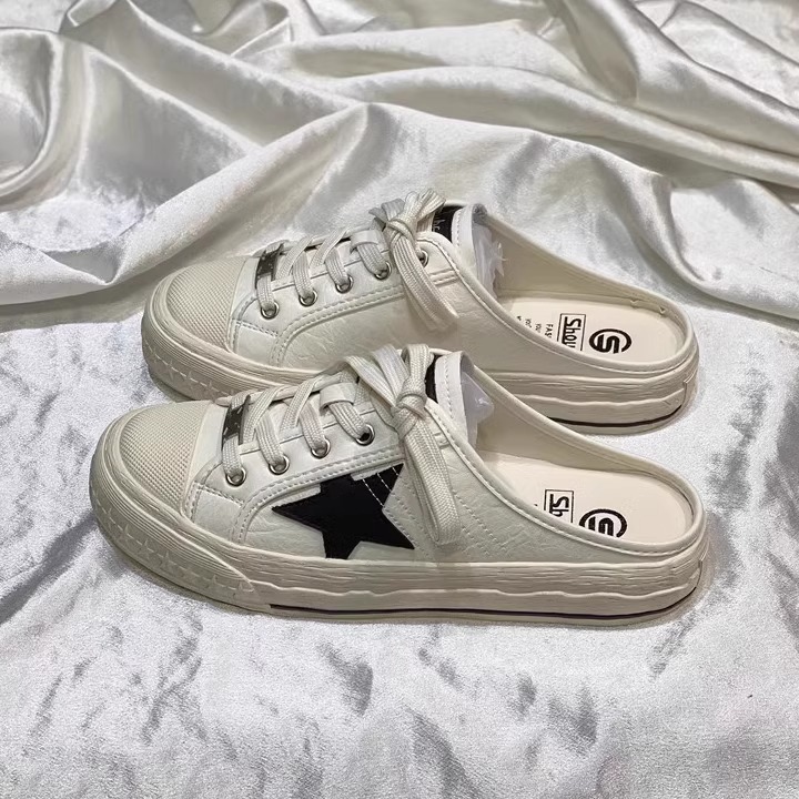2025 New Retro leisure Women's Board Shoes Star Pattern Wearing Flat Half Slippers Size 35-40