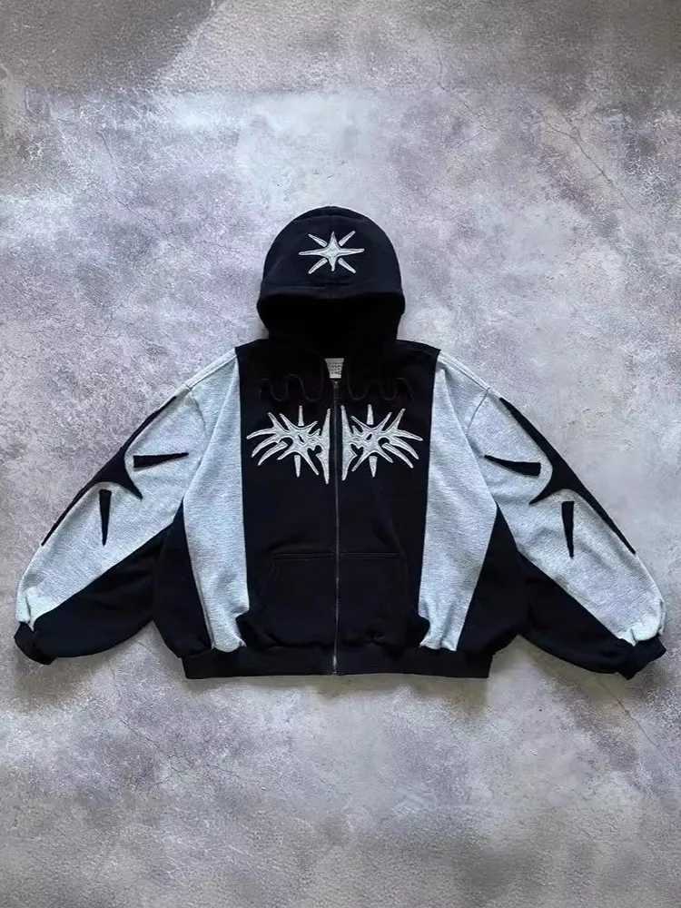 Y2K embroidery design loose zipper mens hooded sweatshirt geometric pattern womens sportswear Gothic street clothing oversized casual mens style w2504