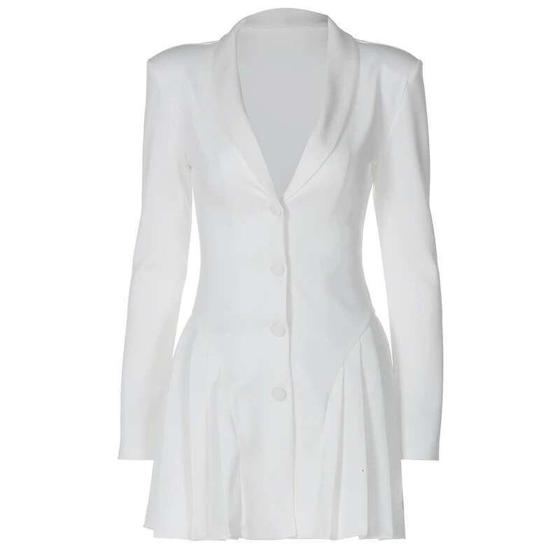 Women Elegant White Single-Breasted Pleated Mini Dress Fashion Deep V-Neck Long Sleeved A-Line Dressses 2024 New Lady Streetwear
