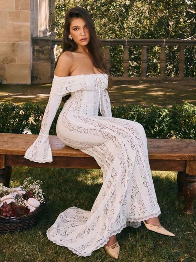 Dongdumaoyi Townlike Elegant Mermaid White Lace Dress Women Off Shoulder Autumn Winter Slim Bodycon Maxi Long Sexy Party Dresses