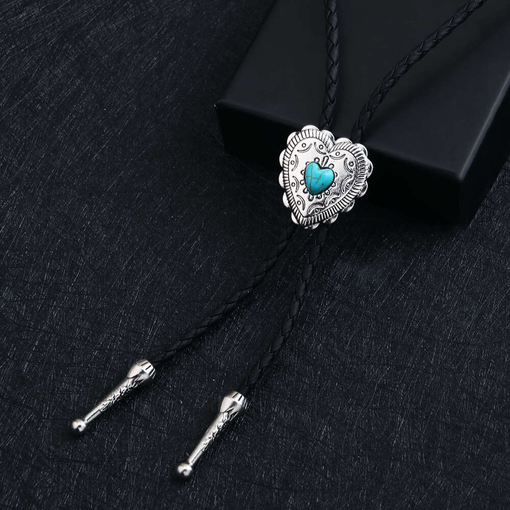 Punk denim bolo tie fashion personality love blue turquoise leather rope sweater chain alloy pendant