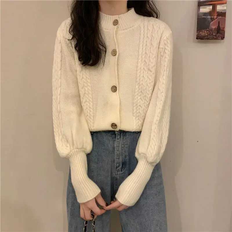 New Spring and Autumn New Bubble Long Sleeve Fried Dough Twists Sweater Cardigan Loose Top Short Knitted Coat WomenT251125