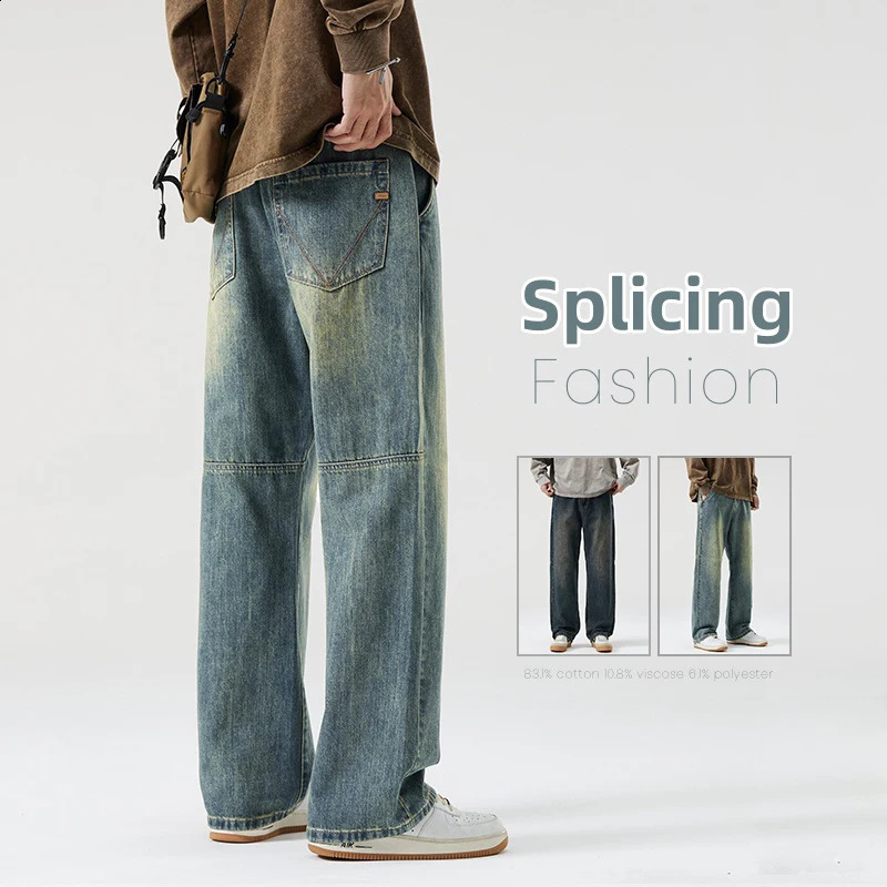 Retro fashion autumn jeans mens straight pocket street clothing patchwork Korean personality casual blue gray Trouser 250409
