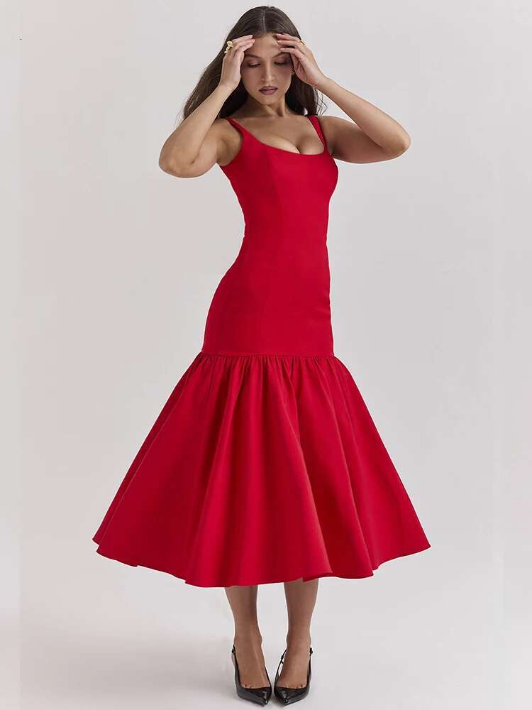 Dongdumaoyi Townlike Pleated A Line Mermaid Dress Women Spaghetti Strap Summer Midi Long Backless Nightclub Sexy Party Dresses