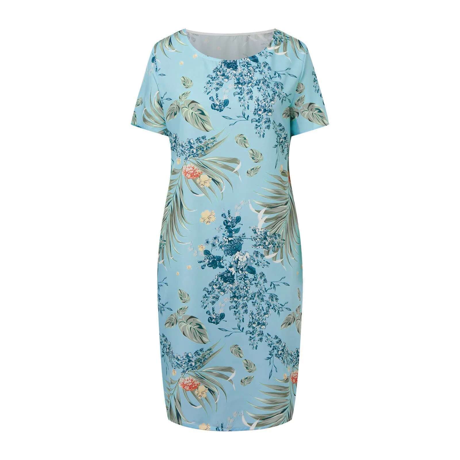 Dongdumaoyi Summer Cotton And Linen Round Neck Printed Pocket Casual Dress Women S Fashionable Short Sleeved Beach Midi Dresses S XL